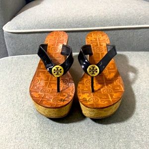Tory Burch Wedge Sandal- Black with Gold Detail